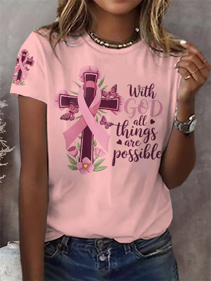 Retro Breast Cancer Awareness Pink Ribbon With God All Things Are Possible Print T-Shirt