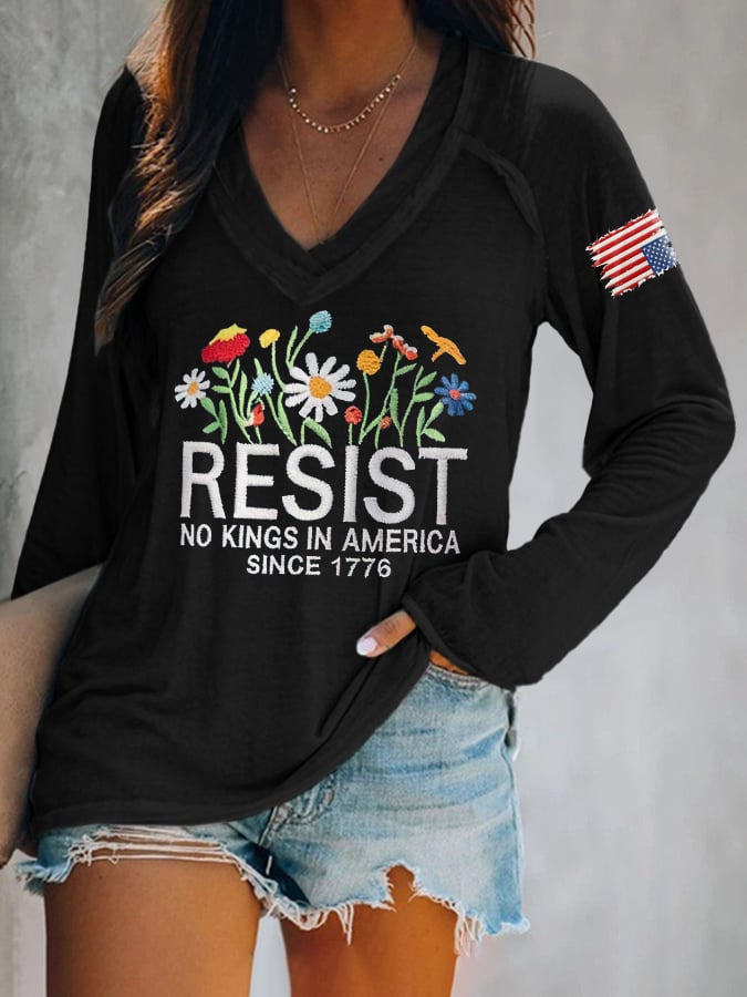 🔥Buy 3 Get 15% Off🔥V-neck Retro Resist No Kings In America Since 1776 Print T-Shirt