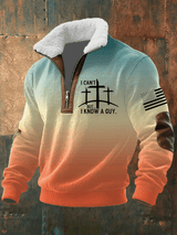 Men's Faith Print Knitted Fabric Zipper Fur Collar Long-Sleeved Sweatshirt