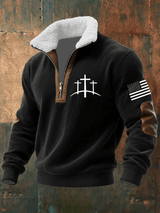 Men's Faith Print Knitted Fabric Zipper Fur Collar Long-Sleeved Sweatshirt