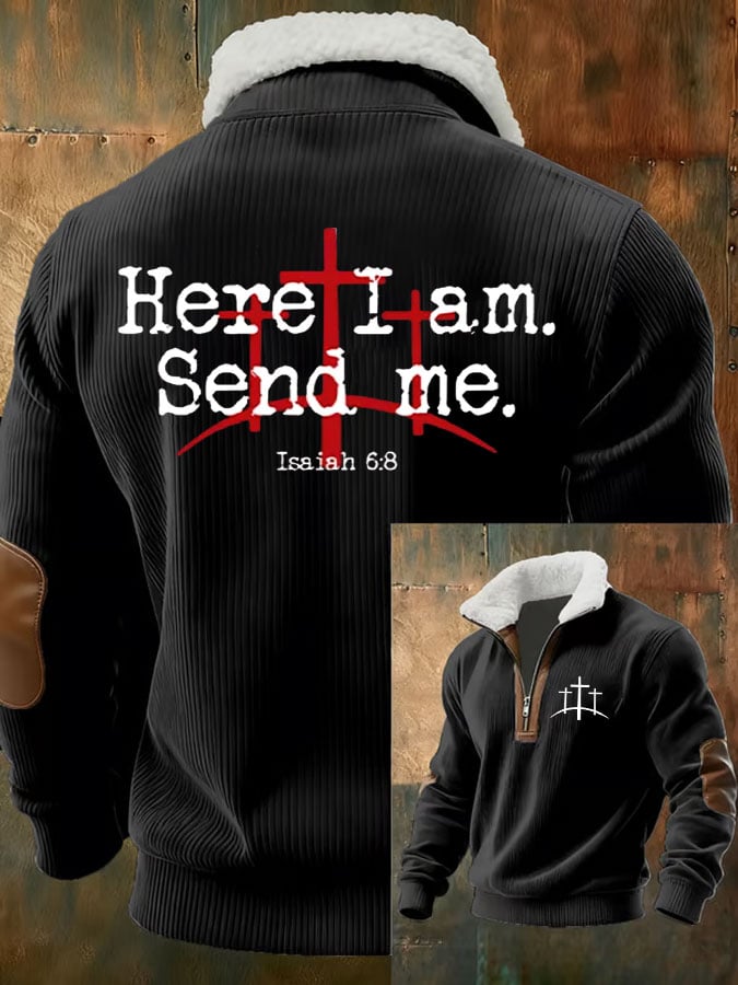 Men's Faith Print Zipper Fur Collar Long Sleeve Sweatshirt
