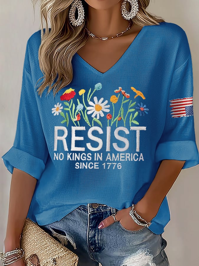 🔥Buy 3 Get 15% Off🔥V-Neck Retro Resist No Kings In America Since 1776 Print T-Shirt
