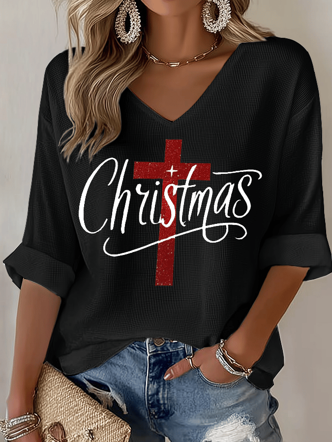 Women's Christmas Faith Print Waffle Long Sleeve T-Shirt