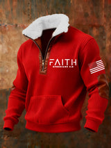 Men's Retro Faith Cross Print Zipper Fur Collar Long Sleeve Sweatshirt