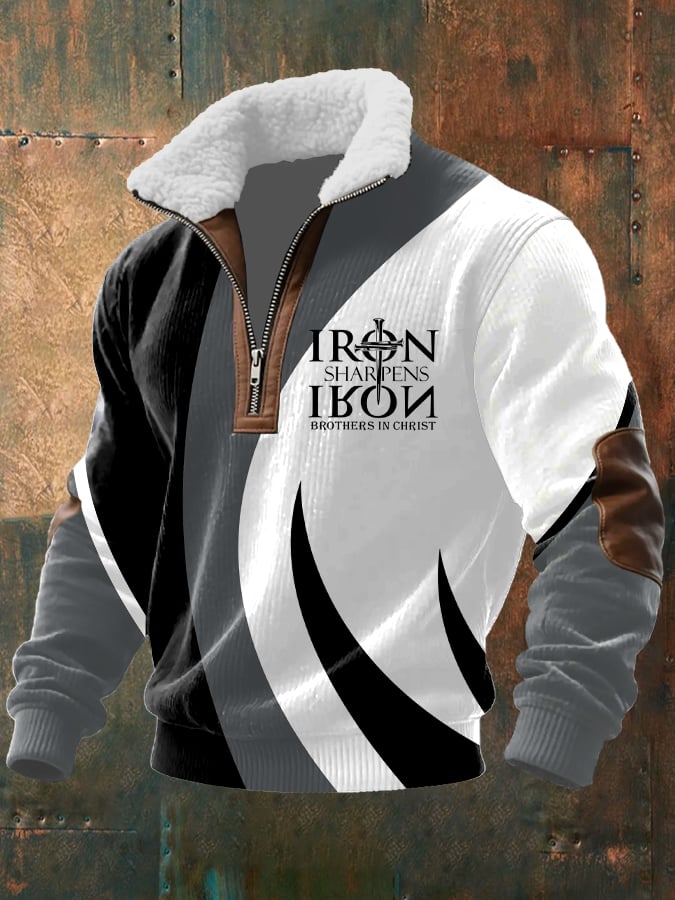 Men's Vintage Faith Design Printed Knit Fabric Zipper Fur Collar Long Sleeve Sweatshirt