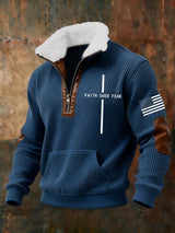 Men's Retro Faith Cross Print Zipper Fur Collar Long Sleeve Sweatshirt
