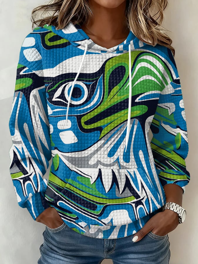 Women's  Football Print Plaid Fabric Hooded Sweatshirt