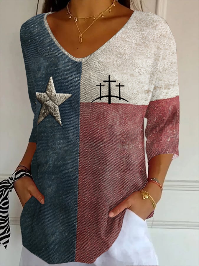 Women's Retro Texas Faith Stripe Fabric Casual V-Neck T-Shirt
