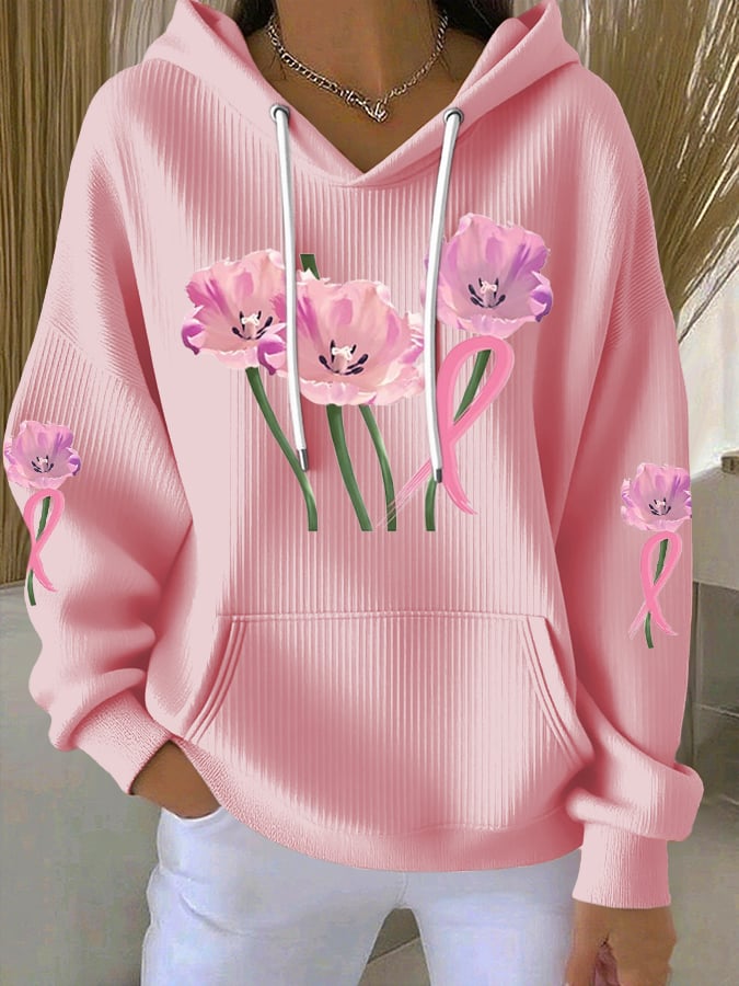 Women's Pink Print Casual Hooded Sweatshirt