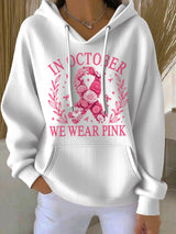 Women's Casual Floral Ribbon October We Wear Pink Textured Hoodie