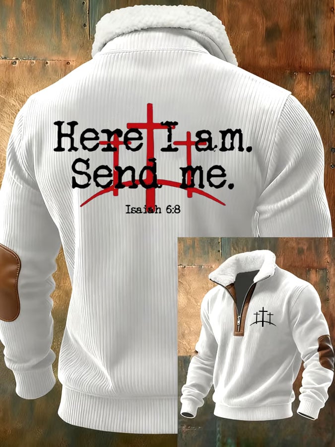 Men's Faith Print Zipper Fur Collar Long Sleeve Sweatshirt