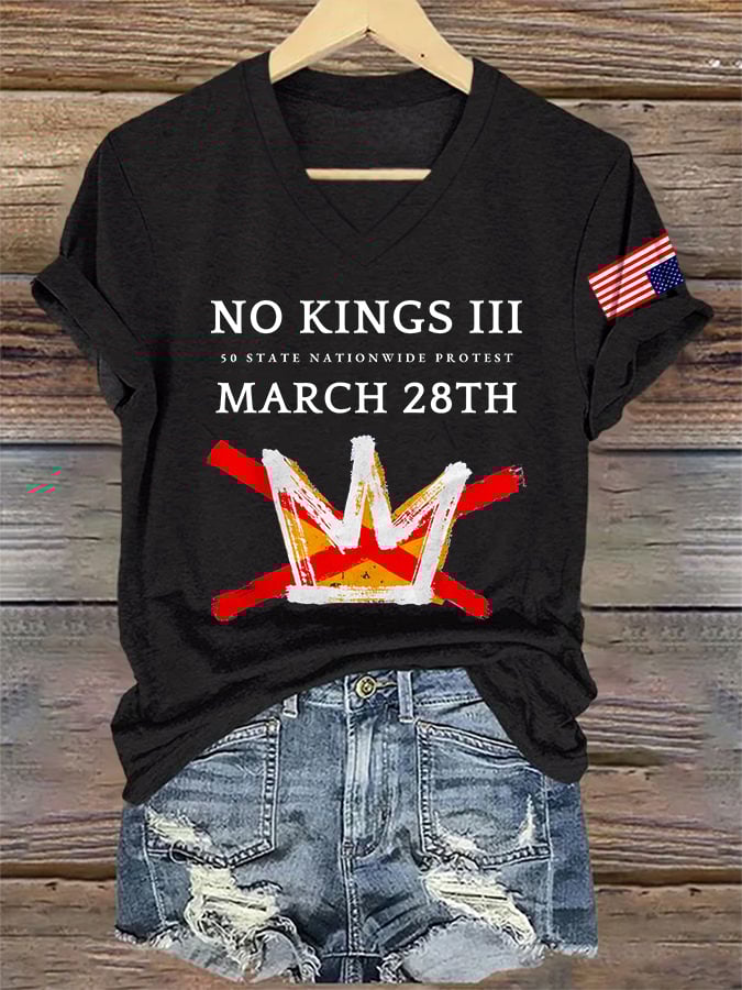 🔥Buy 3 Get 15% Off🔥V-Neck Retro No Kings III 50 State Nationwide Protest March 28th Print T-Shirt