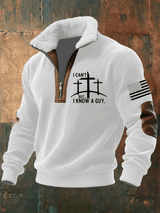 Men's Faith Print Knitted Fabric Zipper Fur Collar Long-Sleeved Sweatshirt