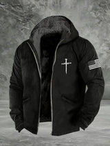 Men's Retro Faith Cross Print Zipper Fleece Jacket