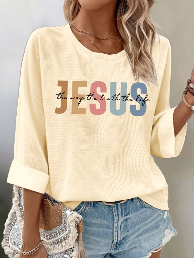 Women's casual Jesus Three Truths waffle long-sleeved T-shirt