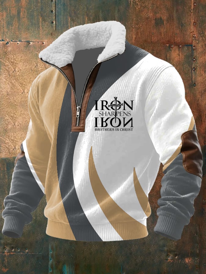 Men's Vintage Faith Design Printed Knit Fabric Zipper Fur Collar Long Sleeve Sweatshirt