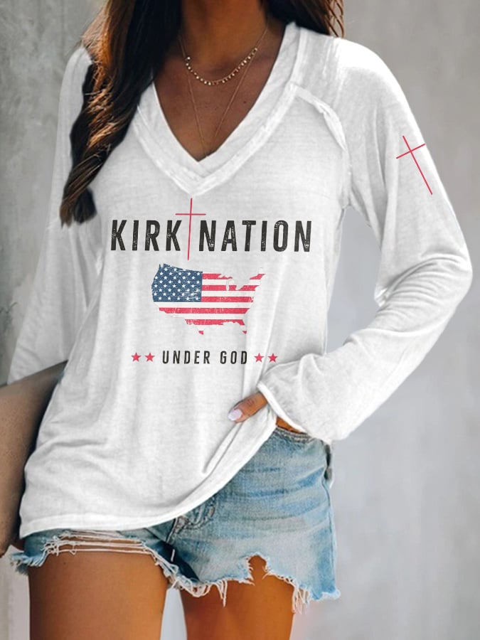 V-neck Retro Kirk Nation Under God Print T-Shirt