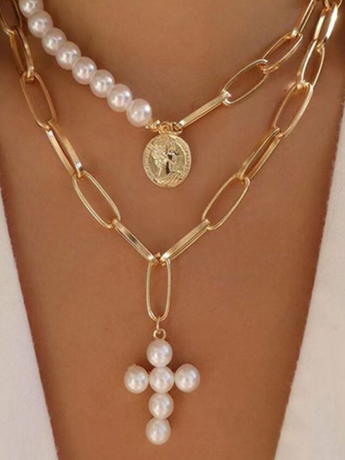 Vintage Style Cross Pearl Necklace