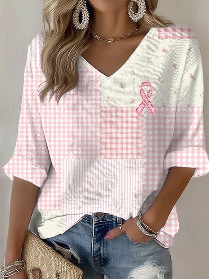 Women's Breast Cancer Awareness Print V Neck T-shirt
