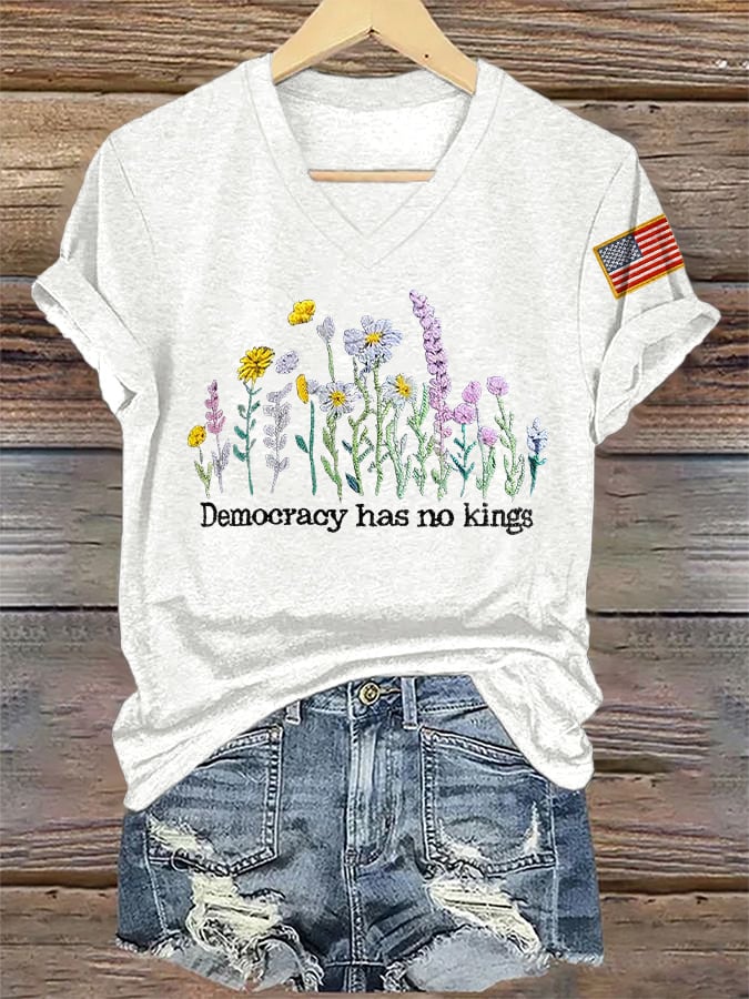 🔥Buy 3 Get 15% Off🔥V-Neck Retro Democracy Has No Kings Print T-Shirt