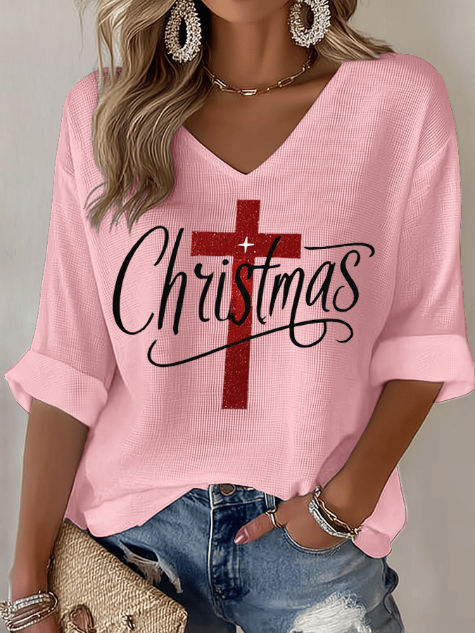 Women's Christmas Faith Print Waffle Long Sleeve T-Shirt