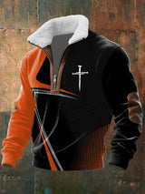Men's Vintage Faith Design Printed Knit Fabric Zipper Fur Collar Long Sleeve Sweatshirt
