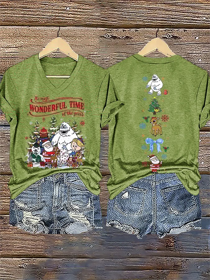 V-Neck Retro Christmas The Most Wonderful Time Of The Year Print T-Shirt