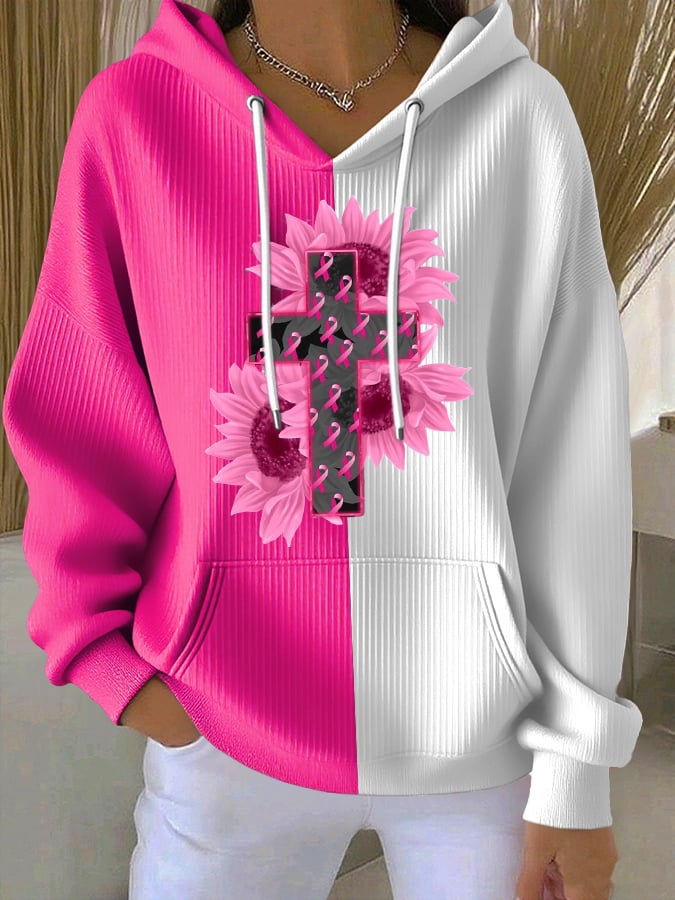 Women's Casual Pink Floral Ribbon Textured Contrast Hoodie