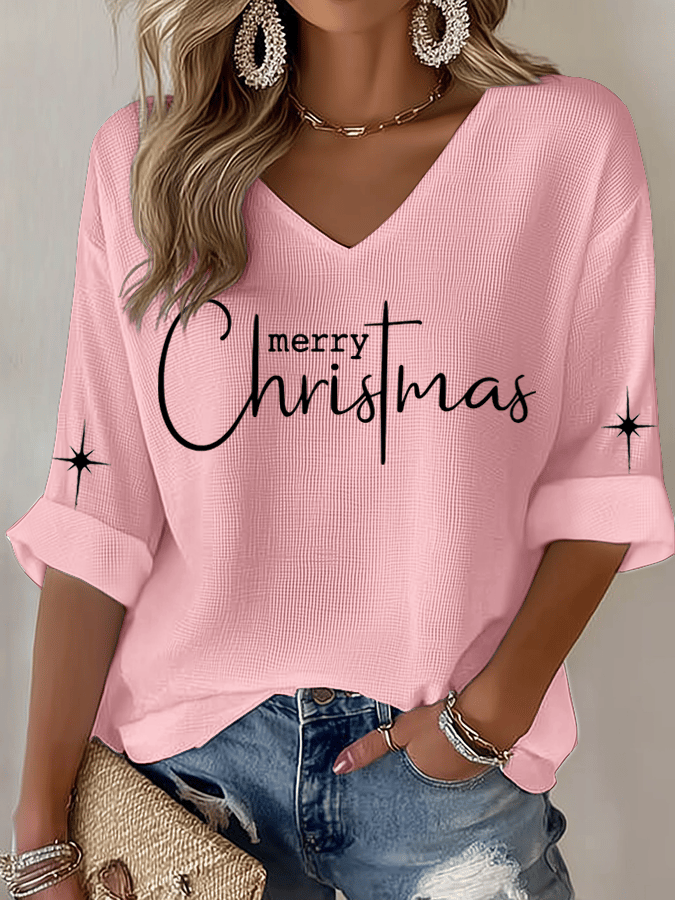 Women's Christmas Faith Print Waffle Long Sleeve T-Shirt