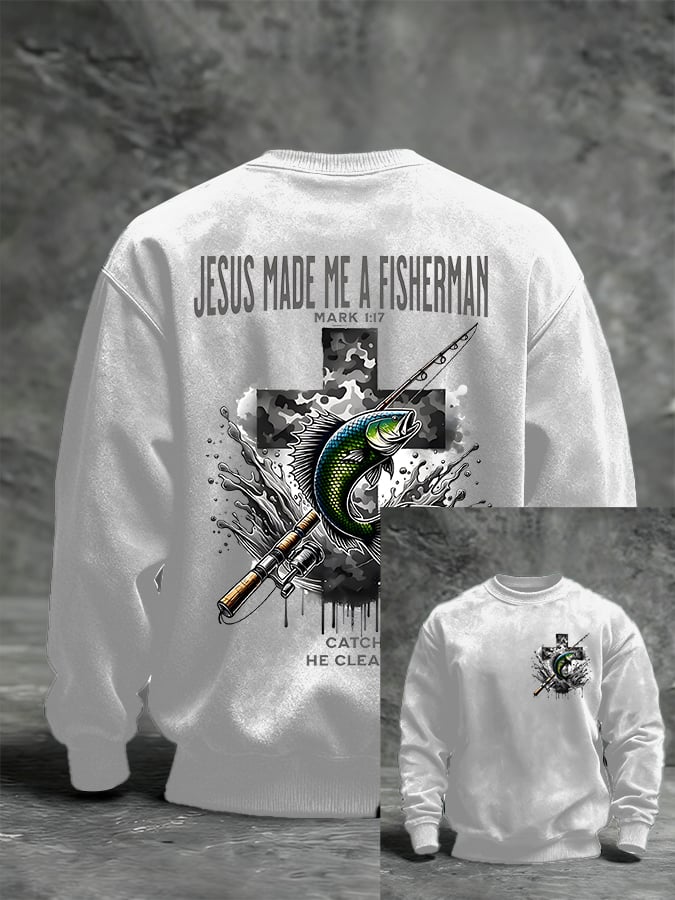 Men'S Casual Jesus Made Me A Fisherman Print Sweatshirt