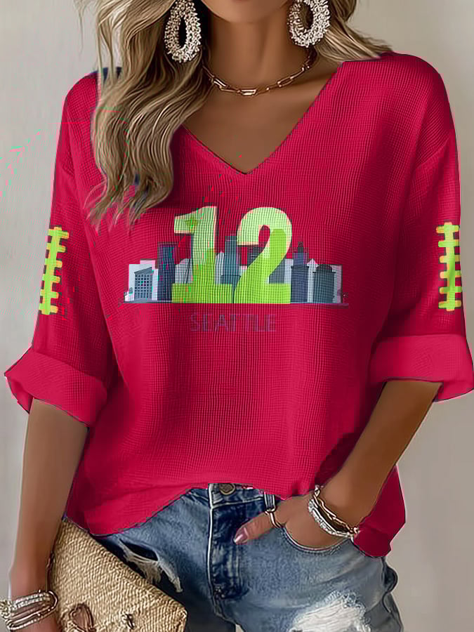 Women's Rugby Print Waffle Long Sleeve T-Shirt