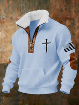 Men's Retro Faith Cross Print Zipper Fur Collar Long Sleeve Sweatshirt