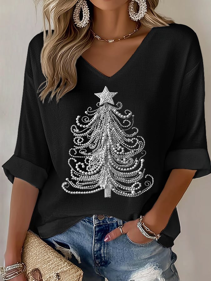 Women's Casual Christmas Tree Waffle Long Sleeve T-shirt