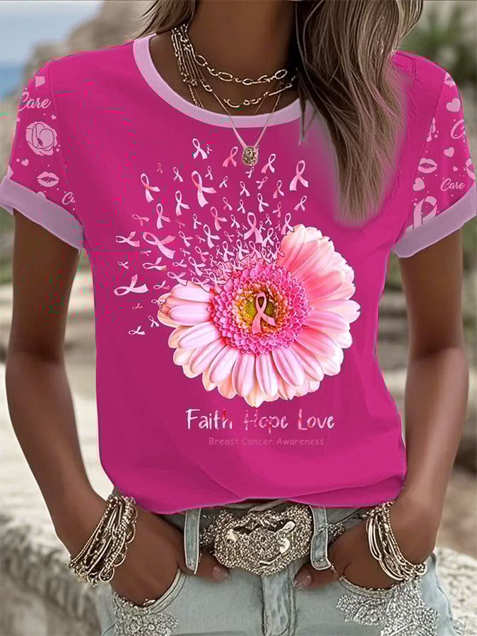 Women's Breast Cancer Awareness Print Round Neck T-Shirt