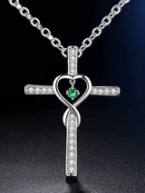 Women's Cross Encrusted Zircon Pendant Love Shaped Birthstone Necklace
