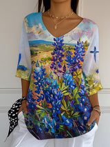 Women's Faith Autumn Oil Painting Style Blue Hat Flower V-Neck Print Long Striped Top