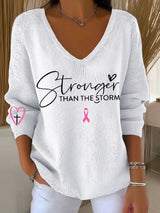 Women's Breast Cancer Awareness Stronger than the storm Print Long Sleeve T-Shirt