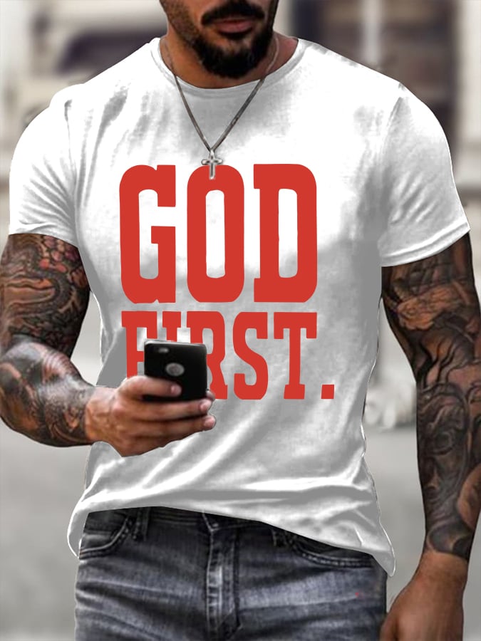 Men'S Casual "God First" Faith Print T-shirt
