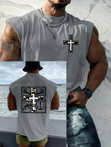 Men's Retro Faith Fishing Hunting Print Round Neck Tank Top
