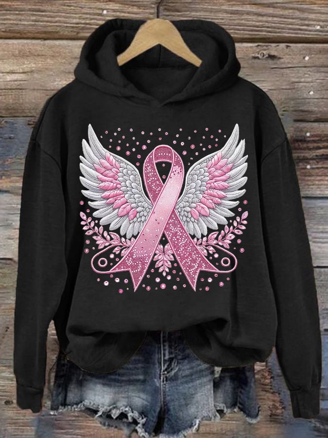 Women's Casual Pink Ribbon Wings Hoodie