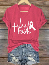 V-Neck Retro Breast Cancer Awareness Heartbeat Faith Print T-Shirt