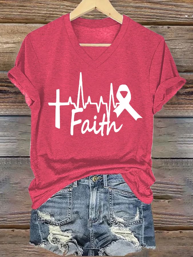 V-Neck Retro Breast Cancer Awareness Heartbeat Faith Print T-Shirt