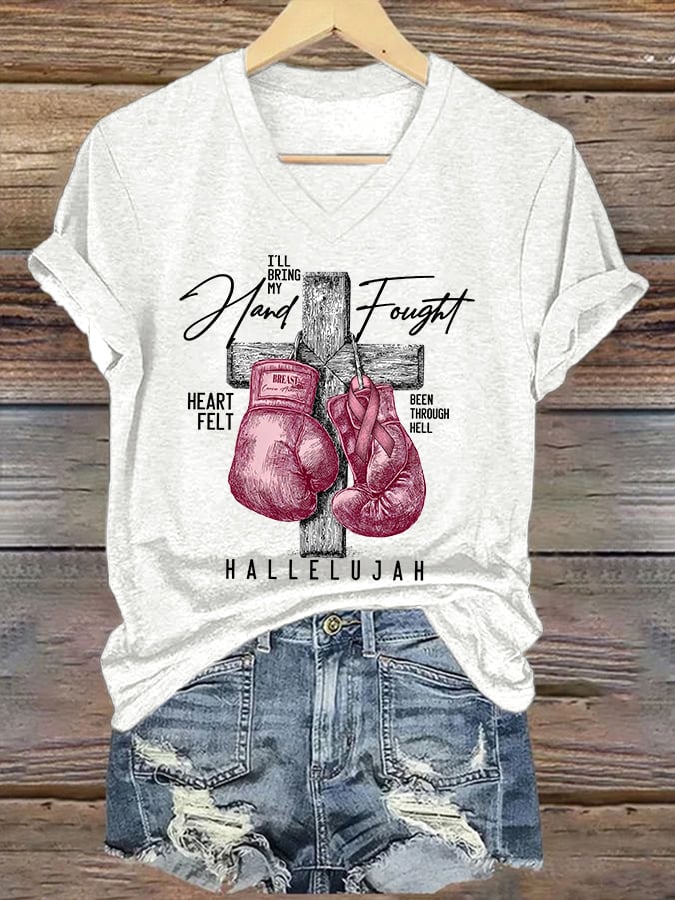 V-Neck Retro Breast Cancer Awareness I'll Bring My Hard Fought Heartfelt Been Through Hell Hallelujah Cross And Boxing Gloves Print T-Shirt