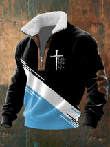 Men's Vintage Faith Design Printed Knit Fabric Zipper Fur Collar Long Sleeve Sweatshirt