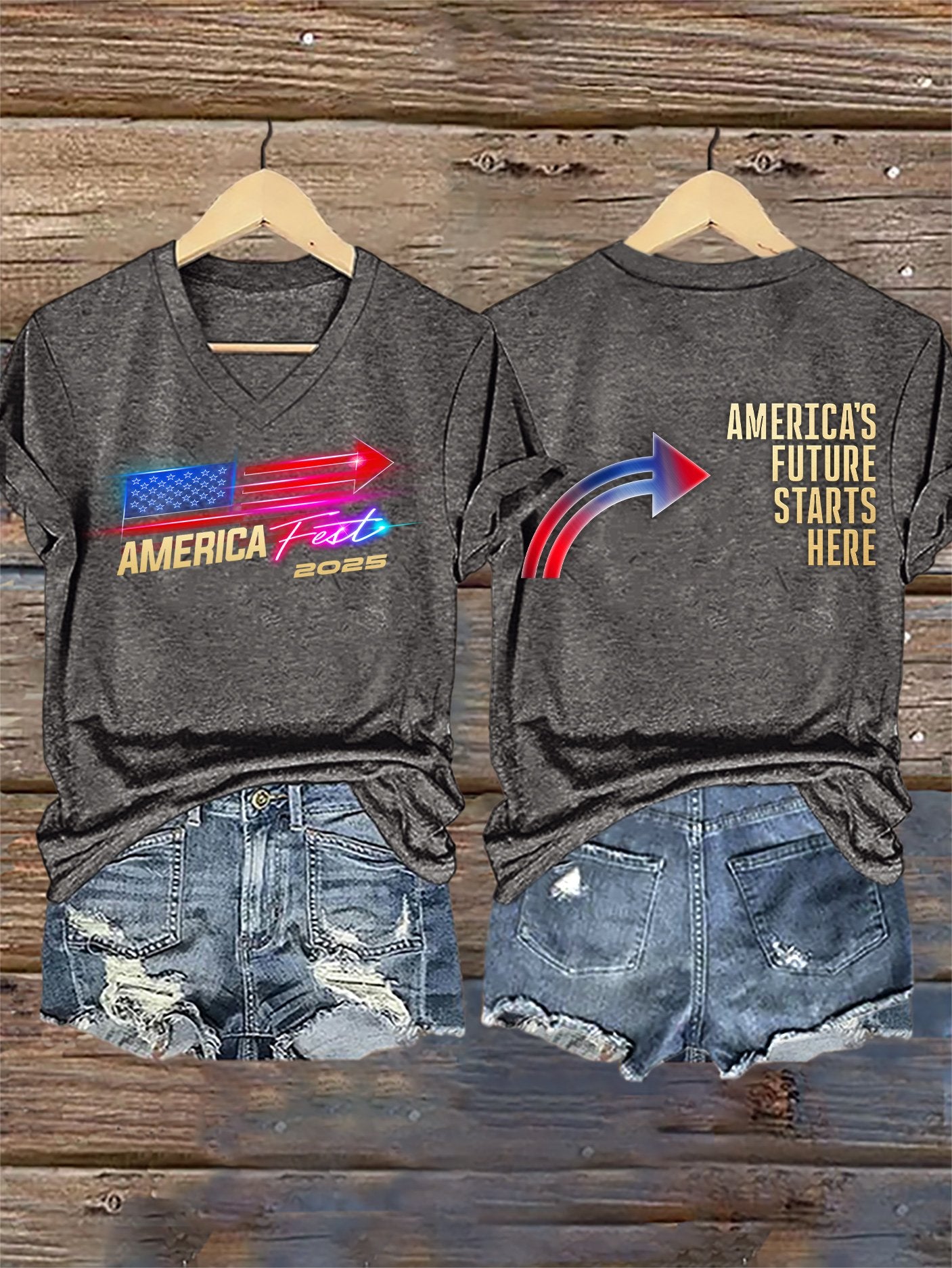 V-Neck Retro America Fest 2025 America's Future Starts Here Print T-Shirt