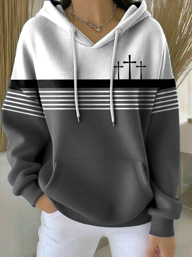 Women's Retro Faith Cross Print Casual Hooded Sweatshirt