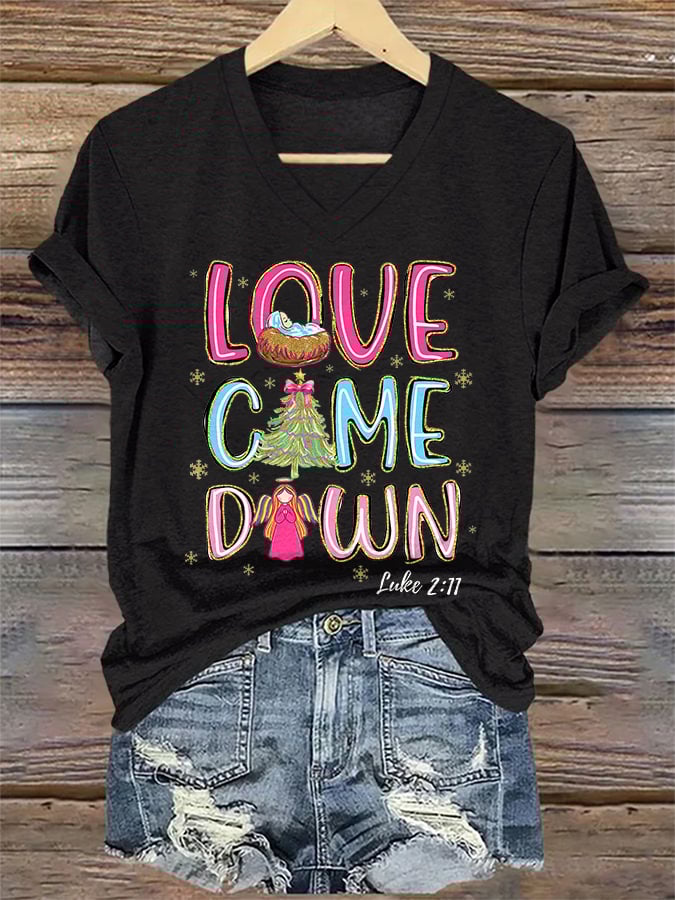 V-Neck Retro Christmas Faith Love Came Down Print T-Shirt
