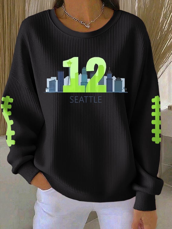 Women's Rugby Print Knit Crew Neck Long Sleeve Top