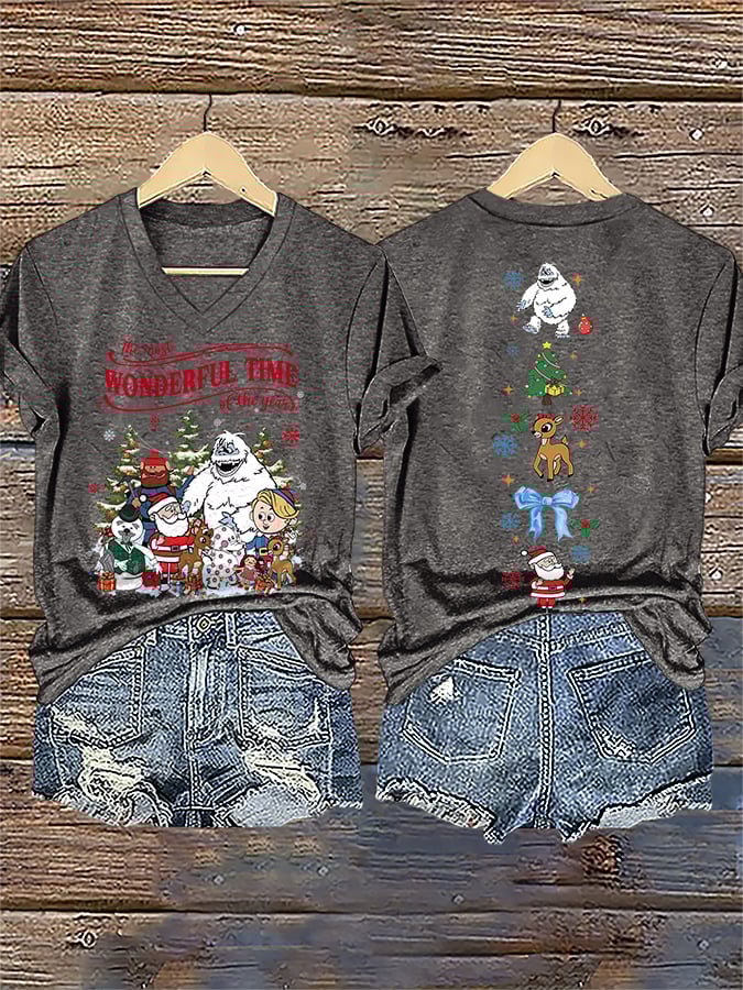V-Neck Retro Christmas The Most Wonderful Time Of The Year Print T-Shirt