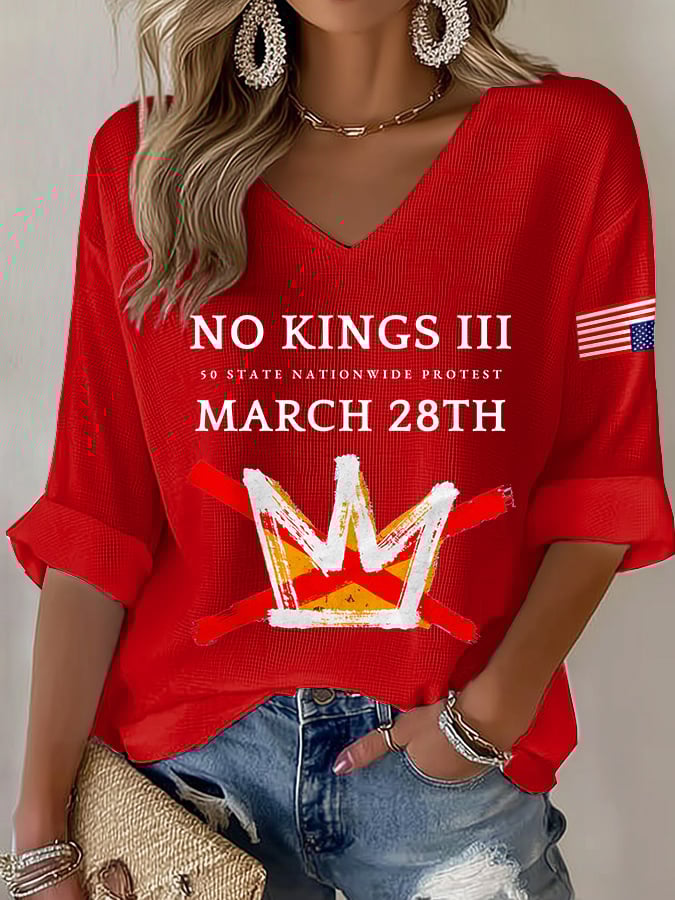 🔥Buy 3 Get 15% Off🔥V-Neck Retro No Kings III 50 State Nationwide Protest March 28th Print T-Shirt